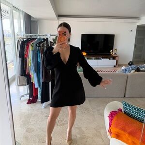 Alexis Black V-Neck Puff Sleeve Mini Dress